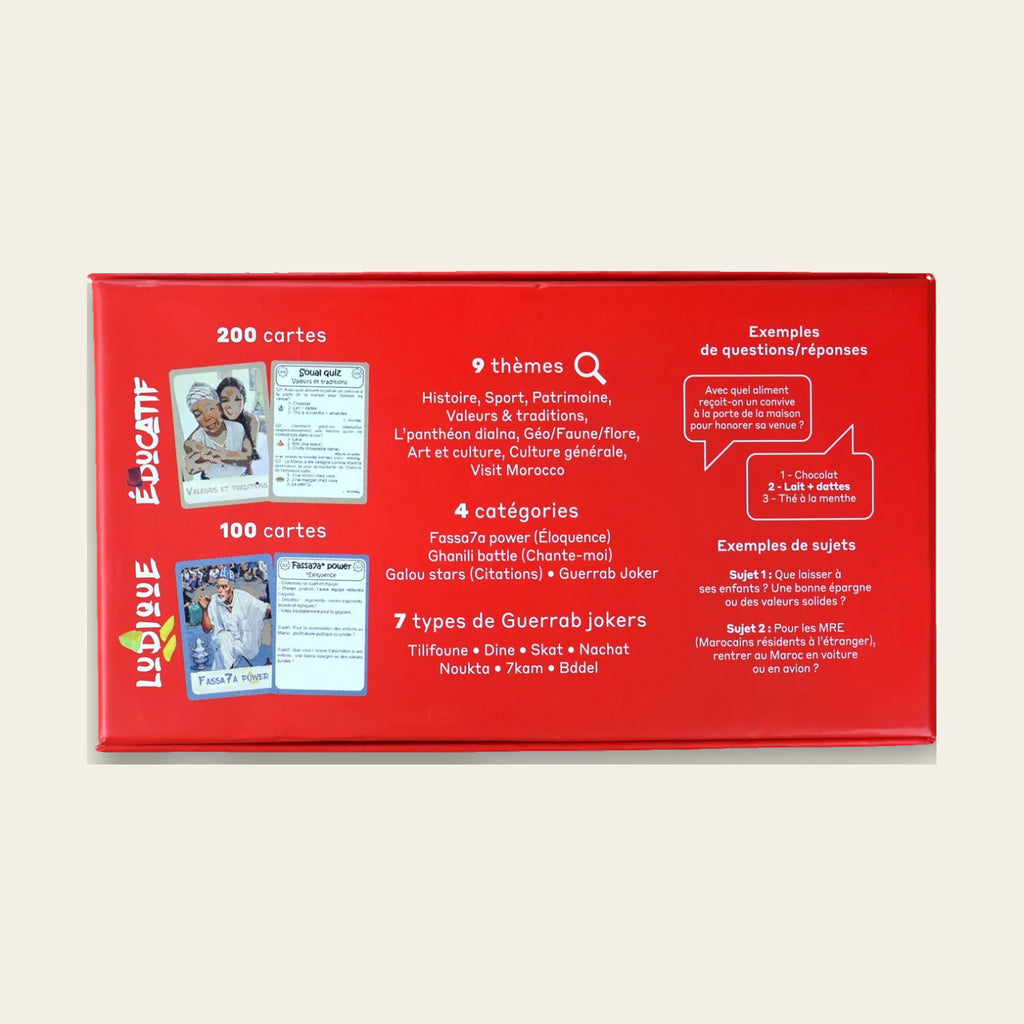 Dos de la boîte Dima Maghrib : 300 cartes, 9 thèmes et 4 catégories de questions