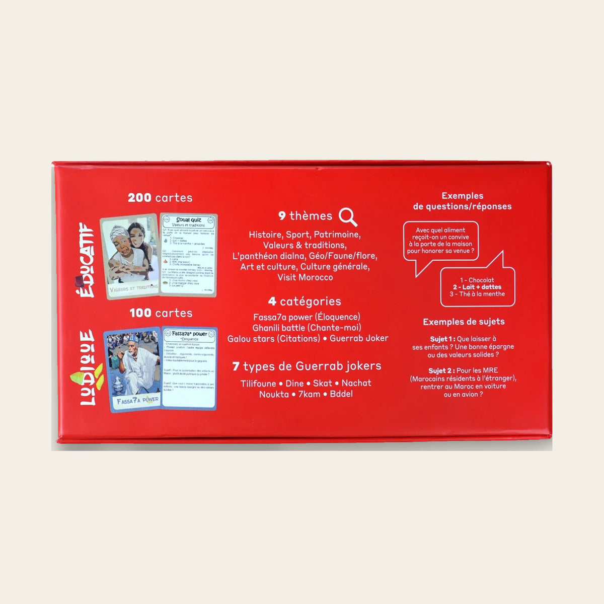 Dos de la boîte Dima Maghrib : 300 cartes, 9 thèmes et 4 catégories de questions